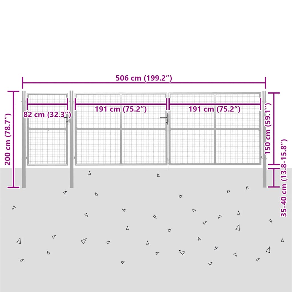 vidaXL Brama ogrodowa stalowa 500x150 cm srebrna
