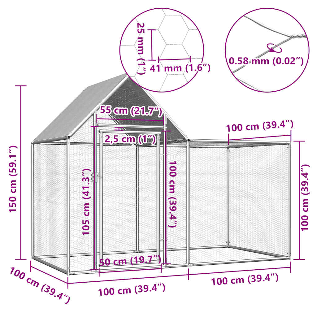 vidaXL Woliera dla kur, 2 x 1 x 1,5 m, galwanizowana stal