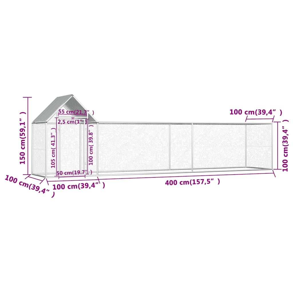 vidaXL Woliera dla kur, 5 x 1 x 1,5 m, galwanizowana stal