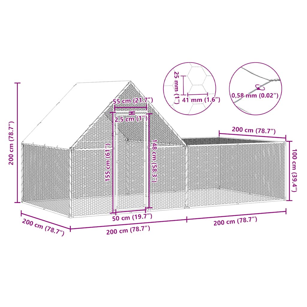 vidaXL Woliera dla kur, 4 x 2 x 2 m, galwanizowana stal