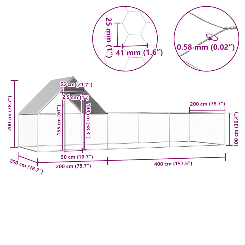 vidaXL Woliera dla kur, 6 x 2 x 2 m, galwanizowana stal