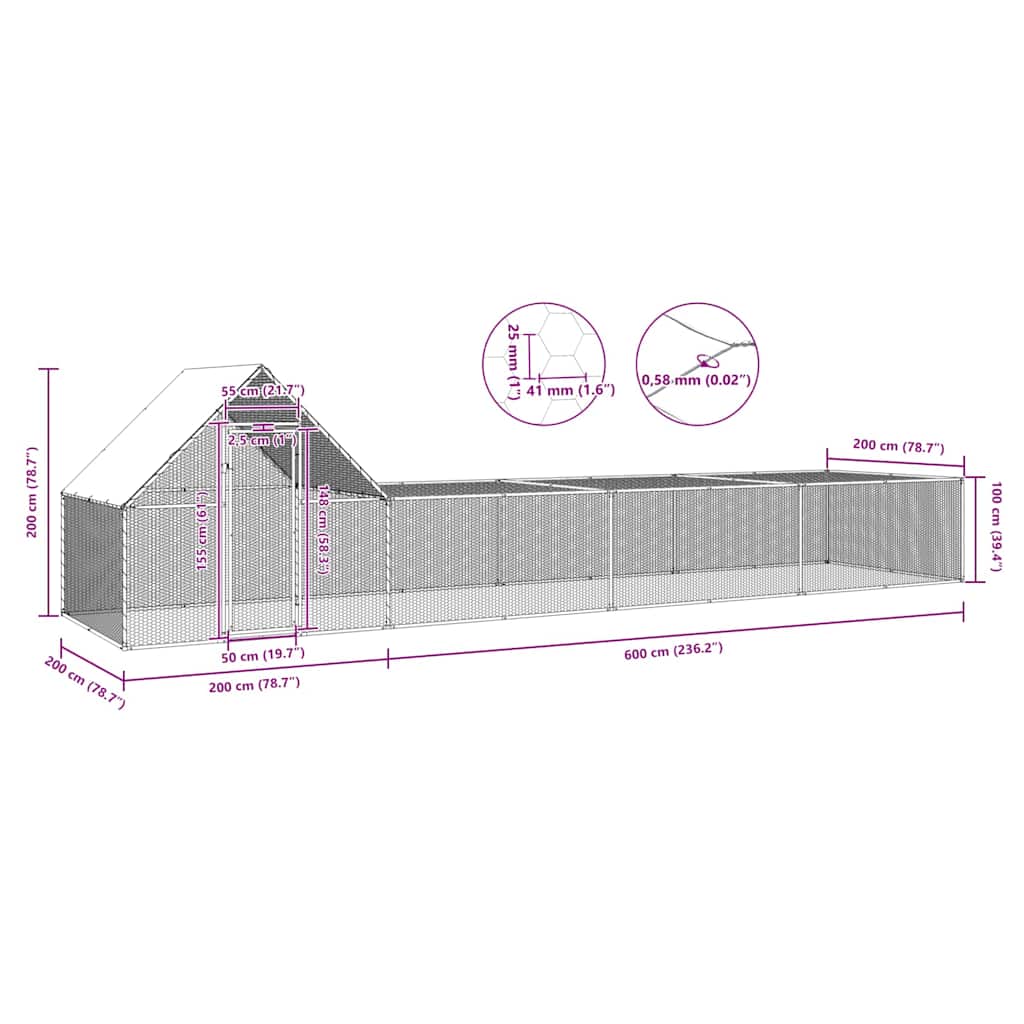 vidaXL Woliera dla kur, 8 x 2 x 2 m, galwanizowana stal