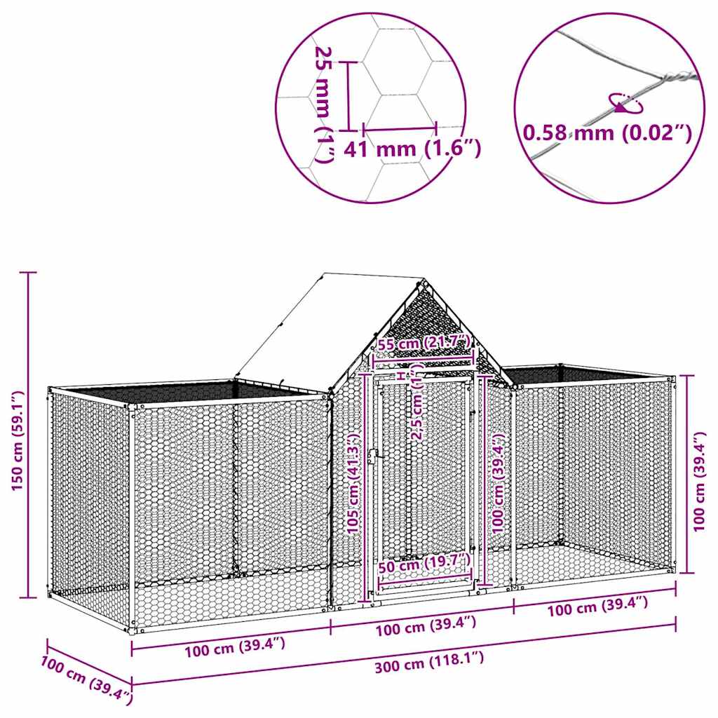 vidaXL Woliera dla kur, 3 x 1 x 1,5 m, galwanizowana stal
