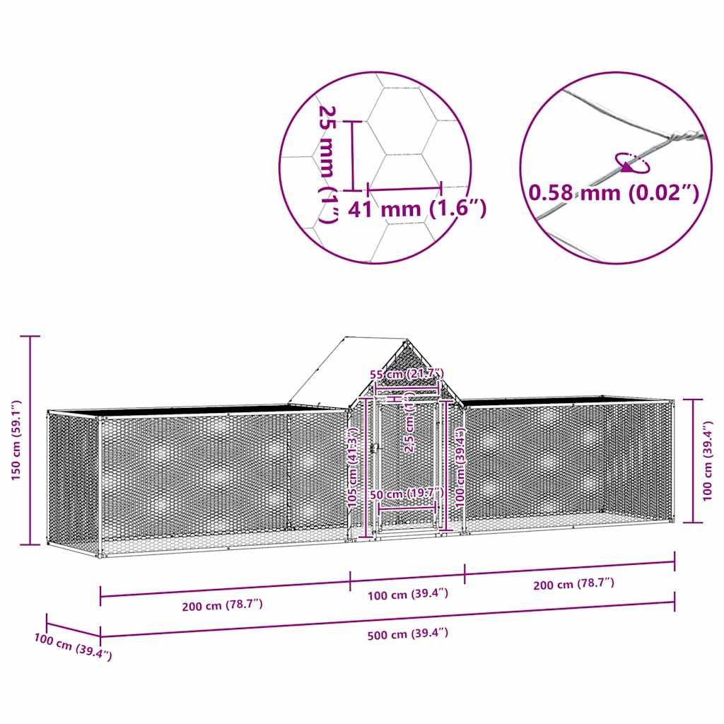 vidaXL Woliera dla kur, 5 x 1 x 1,5 m, galwanizowana stal