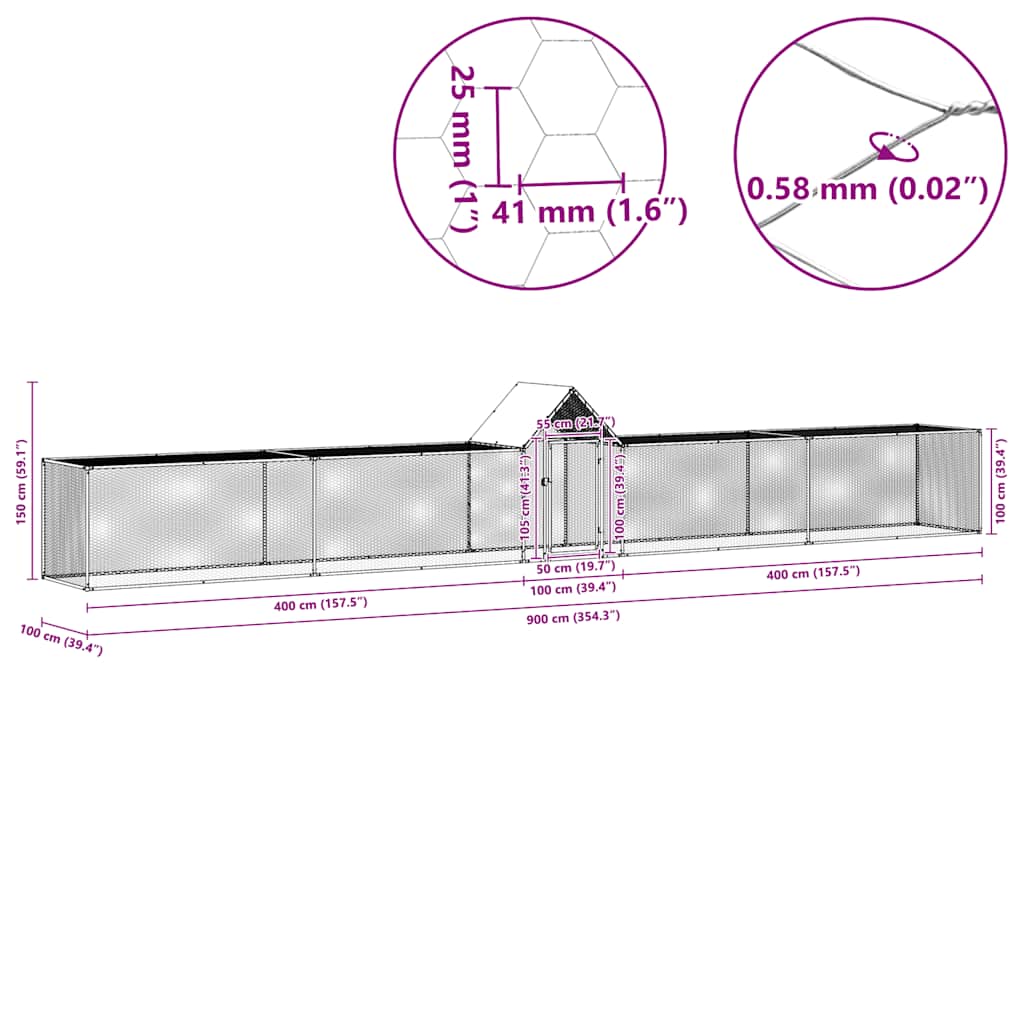 vidaXL Woliera dla kur, 9 x 1 x 1,5 m, galwanizowana stal