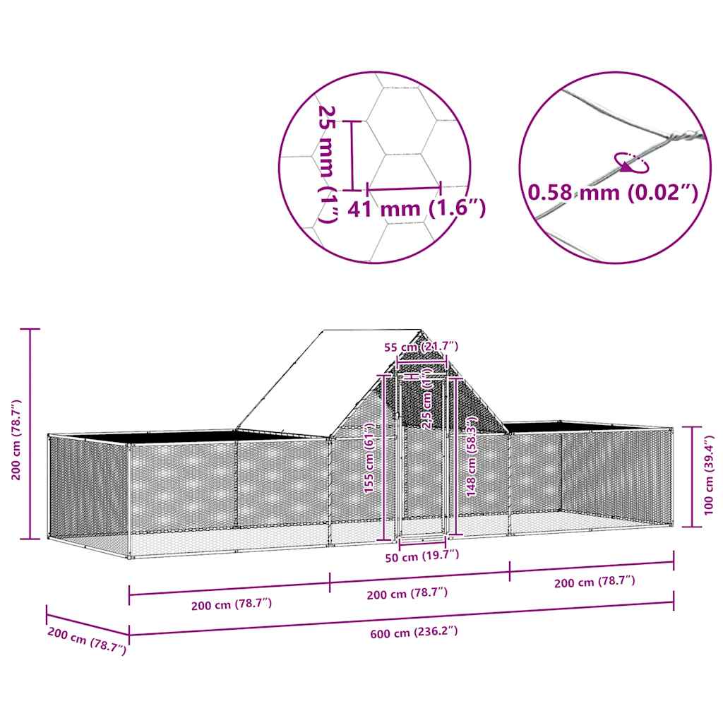 vidaXL Woliera dla kur, 6 x 2 x 2 m, galwanizowana stal