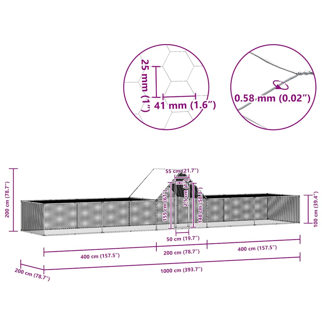 vidaXL Woliera dla kur, 10 x 2 x 2 m, galwanizowana stal