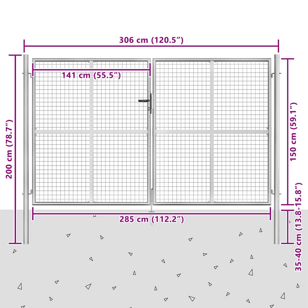 vidaXL Brama ogrodowa, galwanizowana stal, 306x200 cm, srebrna