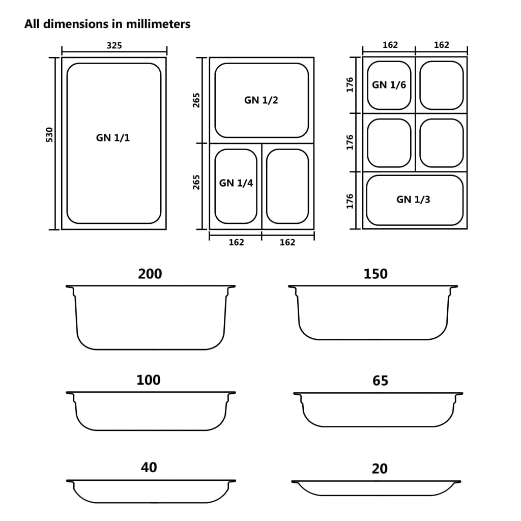vidaXL Pojemniki gastronomiczne 4 szt., GN 1/1, 65 mm, stal nierdzewna