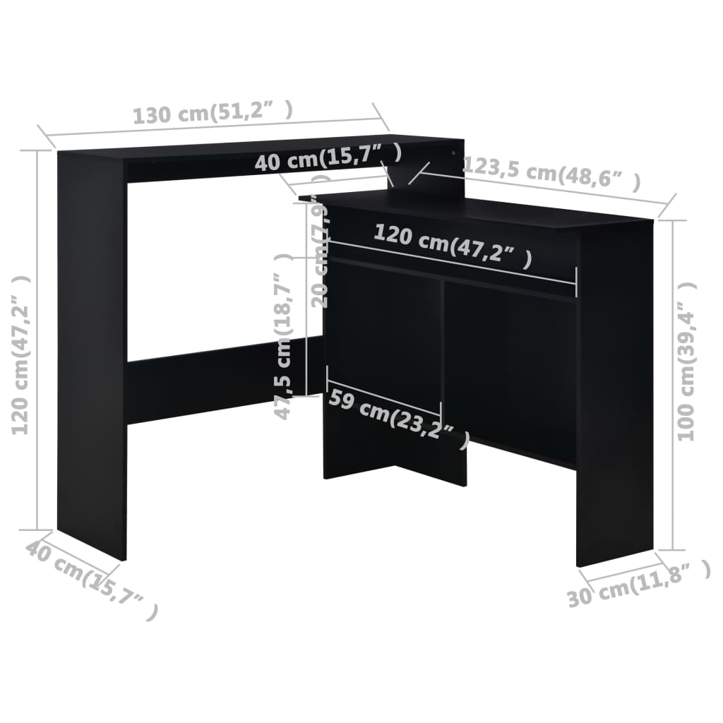 vidaXL Stół barowy z 2 blatami, czarny, 130 x 40 x 120 cm