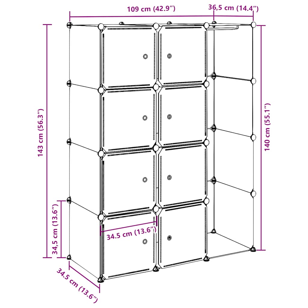 vidaXL Szafa modułowa z 9 przegrodami, 109x36,5x143 cm, czarno-biała