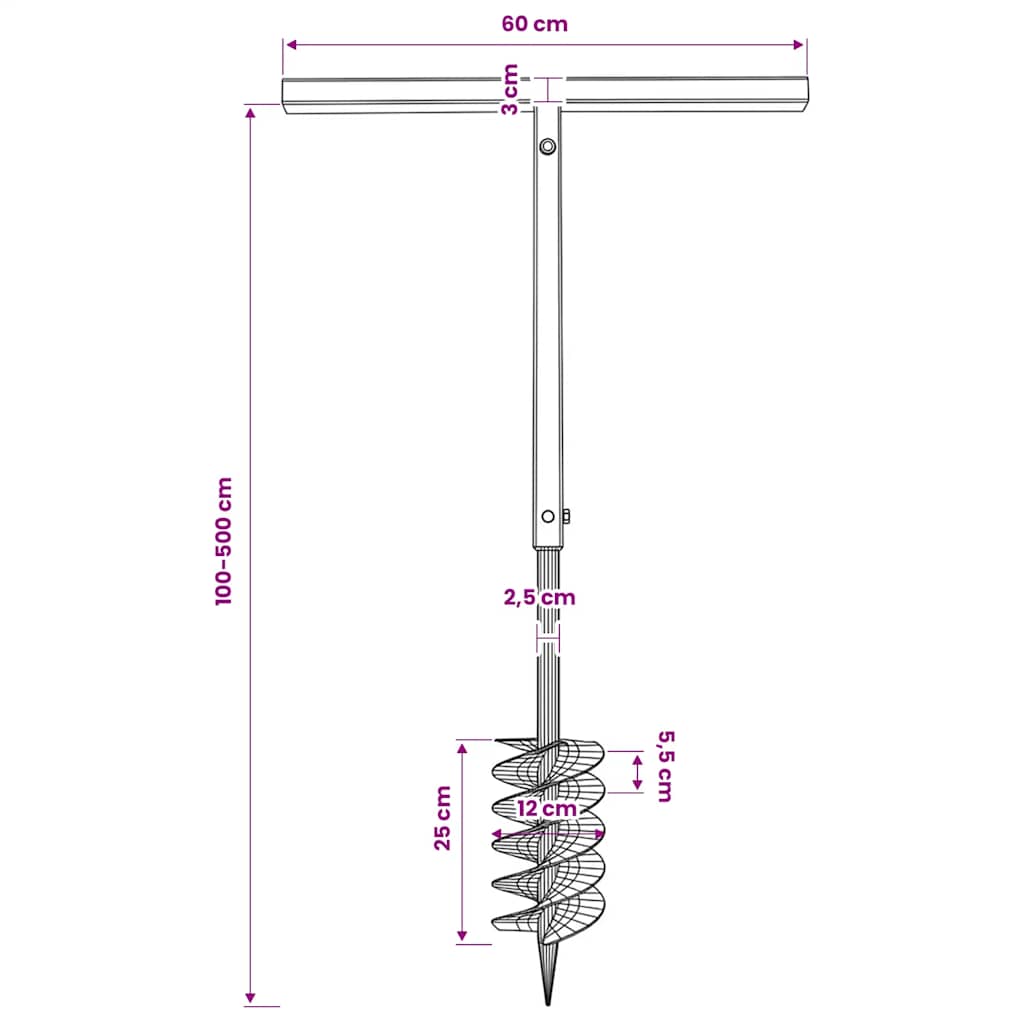 vidaXL Świder glebowy z uchwytem, 120 mm, przedłużany, 5 m, stal