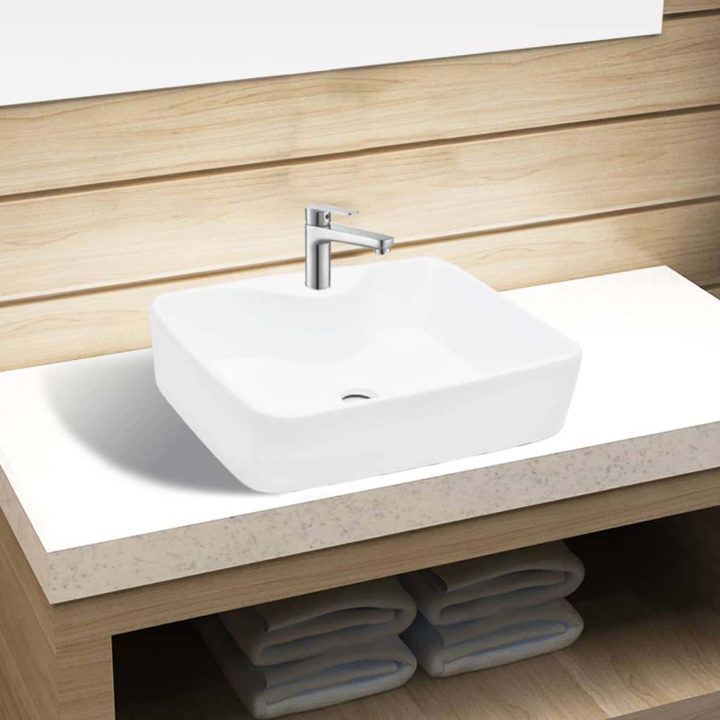 vidaXL Ceramiczna umywalka z otworem na kran, prostokątna, biała