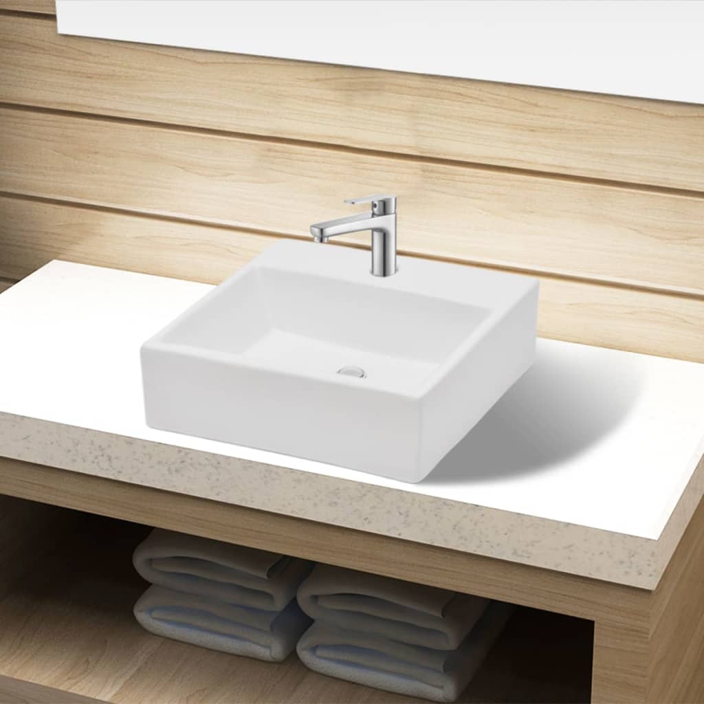 vidaXL Ceramiczna umywalka z otworem na kran, prostokątna, biała