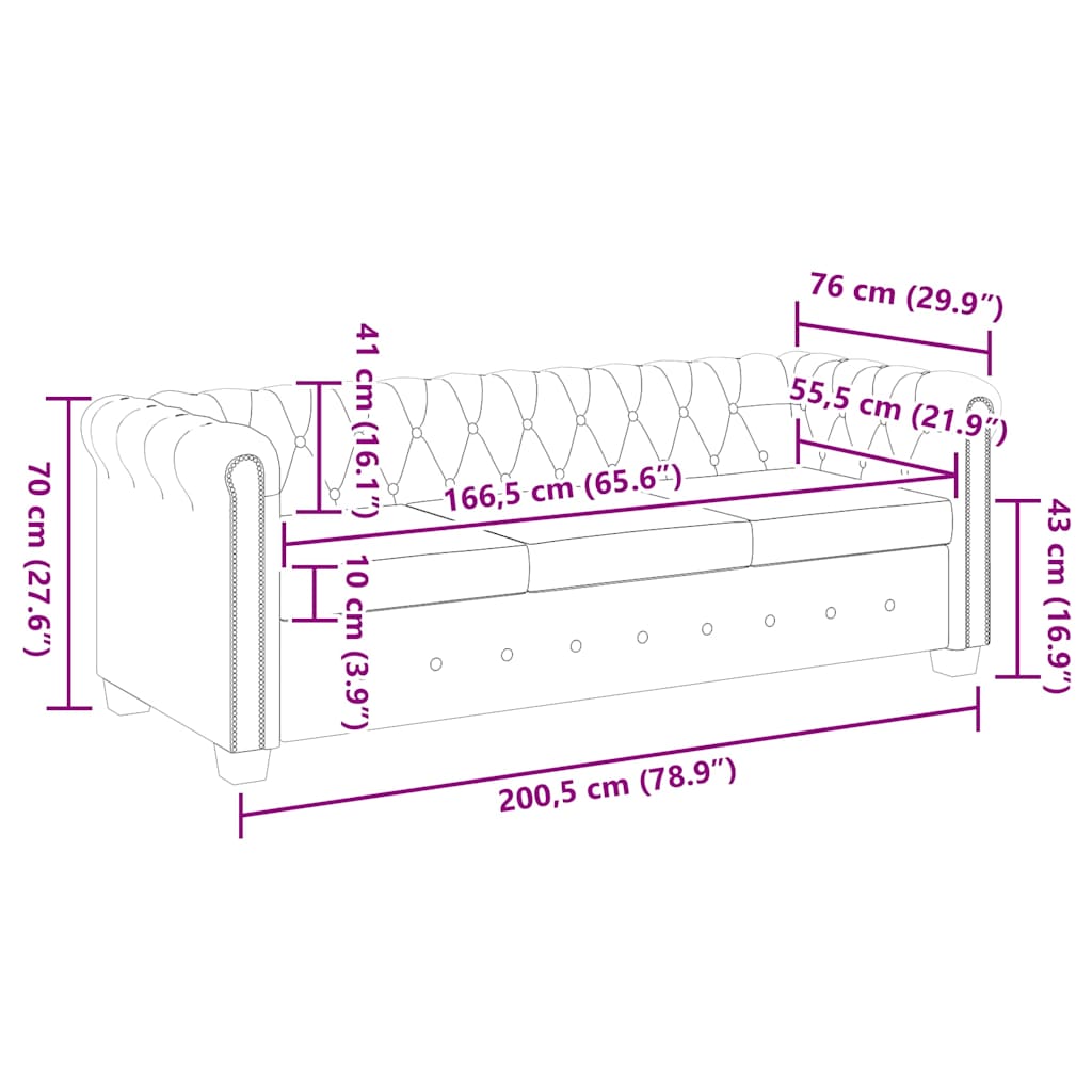 vidaXL Sofa 3-osobowa w stylu Chesterfield, sztuczna skóra, czarna
