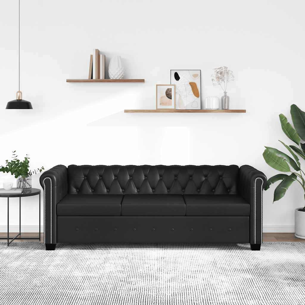 vidaXL Sofa 3-osobowa w stylu Chesterfield, sztuczna skóra, czarna