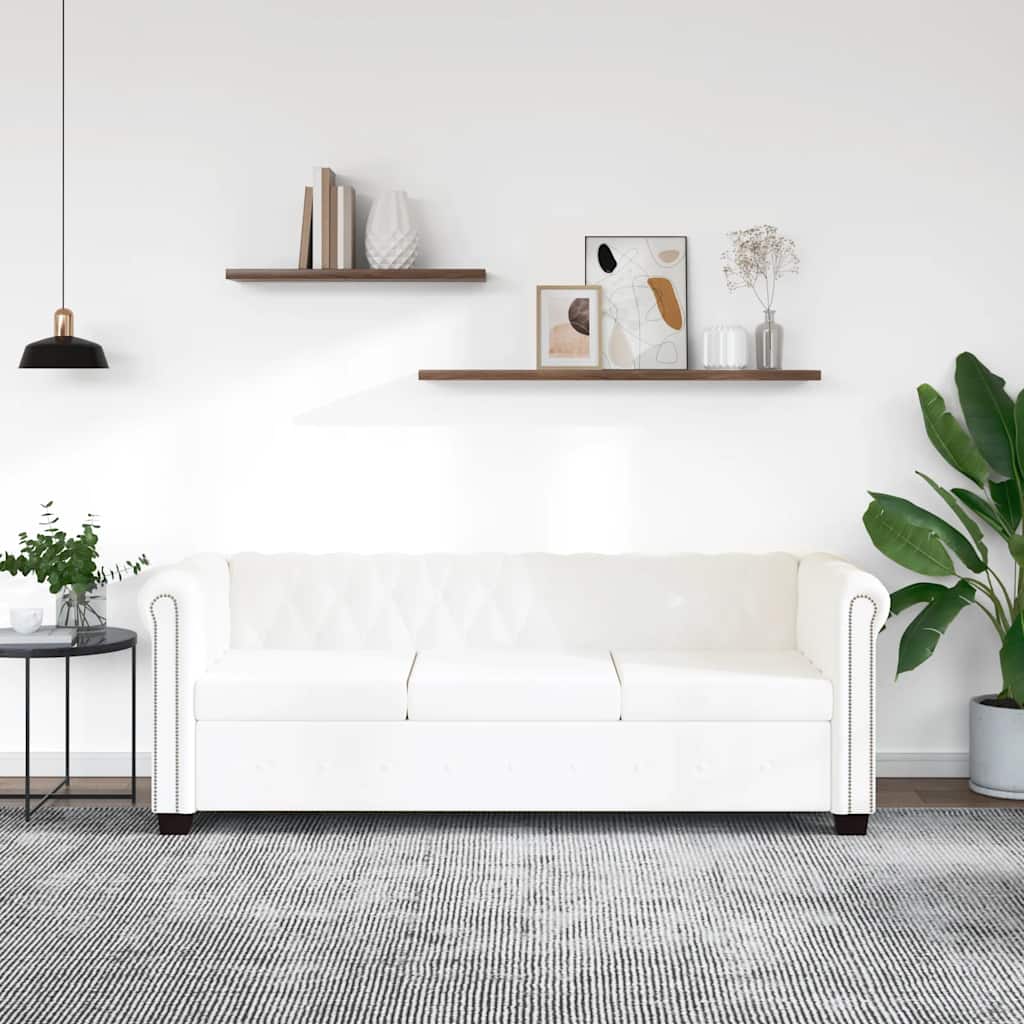 vidaXL Sofa 3-osobowa w stylu Chesterfield, sztuczna skóra, biała