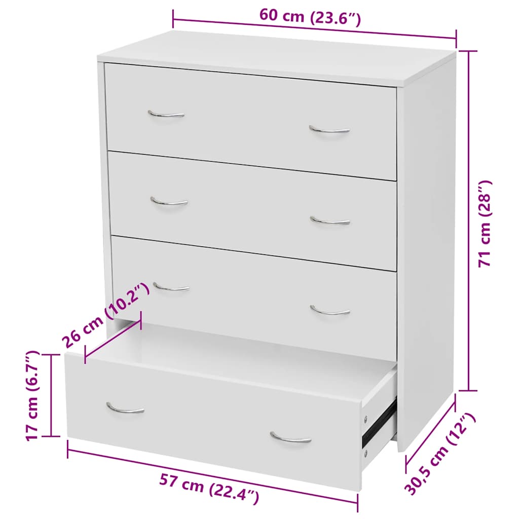 vidaXL Komoda z 4 szufladami, 60 x 30,5 x 71 cm, biała