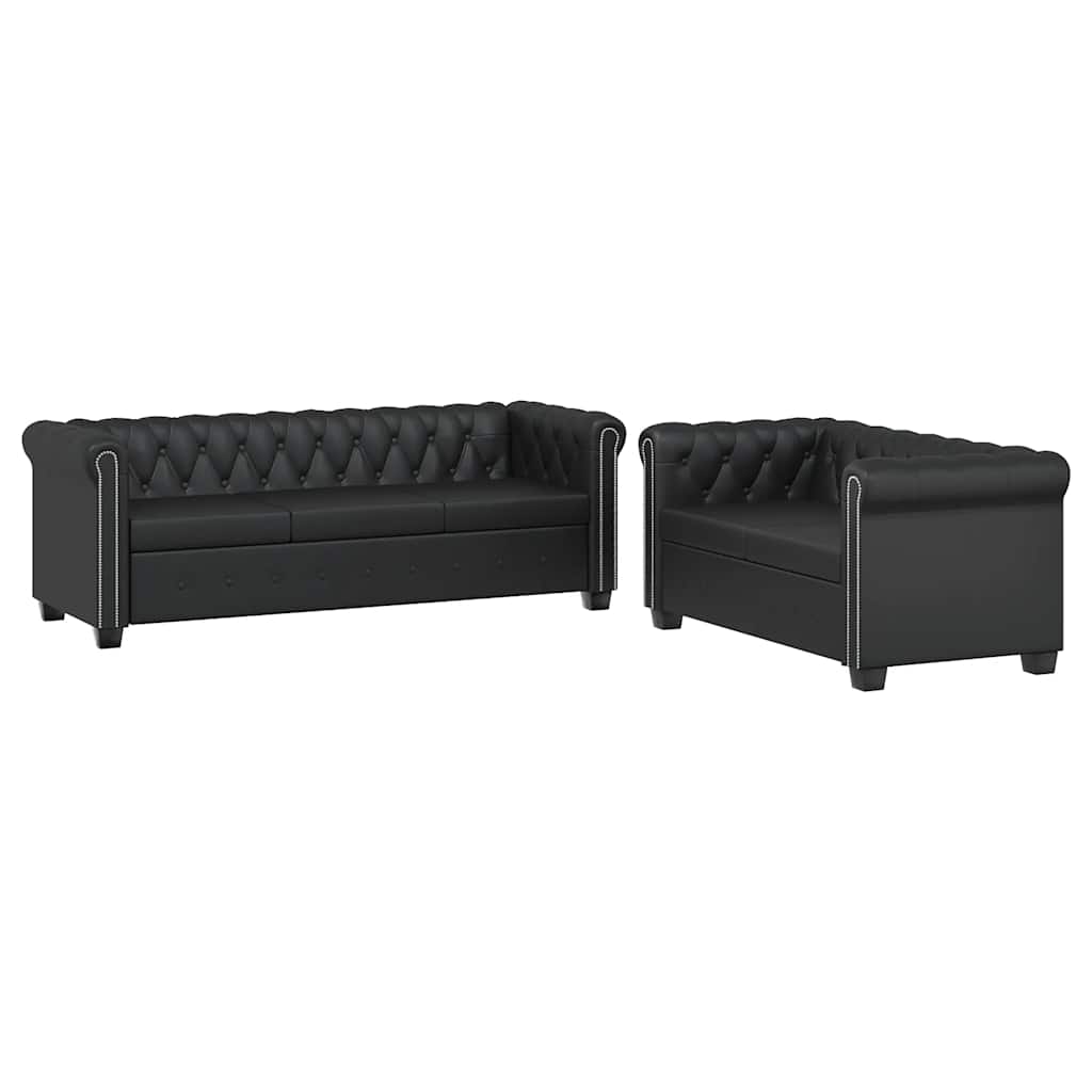 vidaXL Zestaw sof typu Chesterfield: 2- i 3-osobowa, eko-skóra, czarne