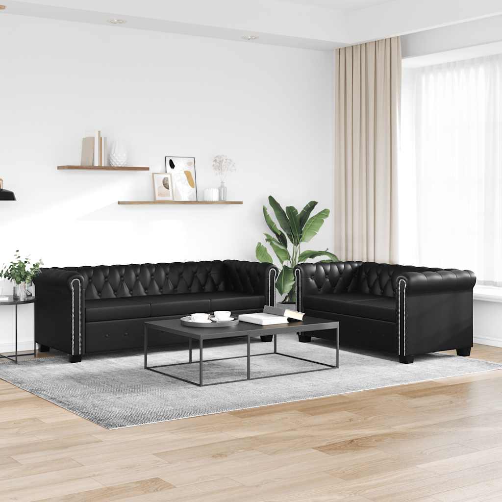 vidaXL Zestaw sof typu Chesterfield: 2- i 3-osobowa, eko-skóra, czarne