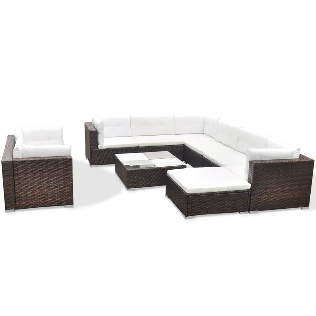 vidaXL 10-cz. zestaw mebli do ogrodu, poduszki, rattan PE, brązowy