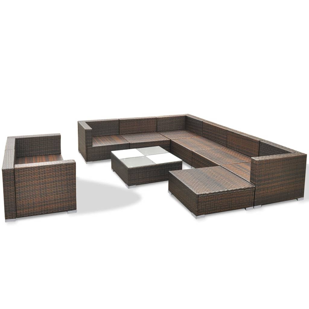 vidaXL 10-cz. zestaw mebli do ogrodu, poduszki, rattan PE, brązowy