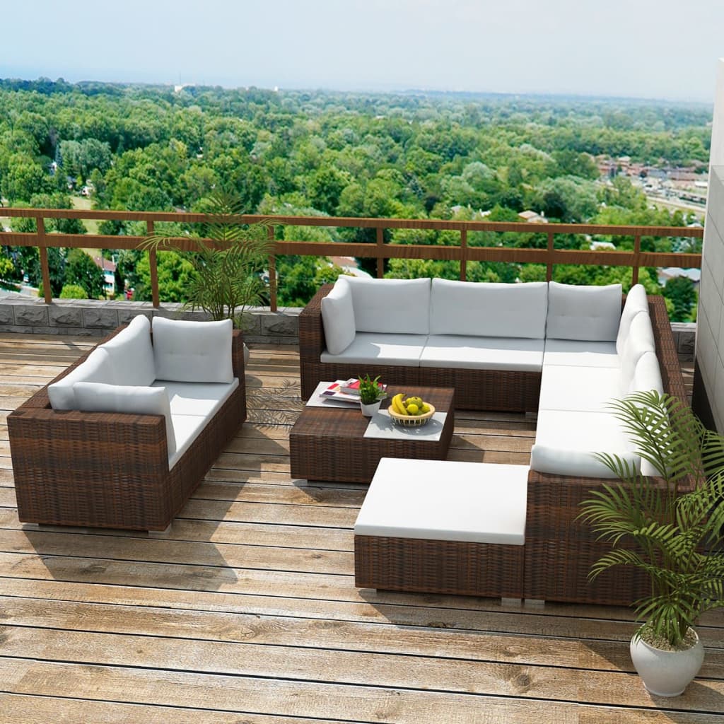 vidaXL 10-cz. zestaw mebli do ogrodu, poduszki, rattan PE, brązowy