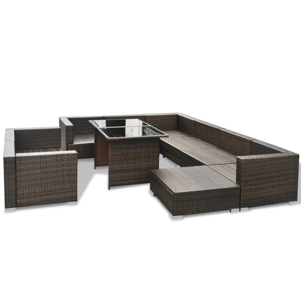 vidaXL 10-cz. zestaw mebli do ogrodu, poduszki, rattan PE, brązowy