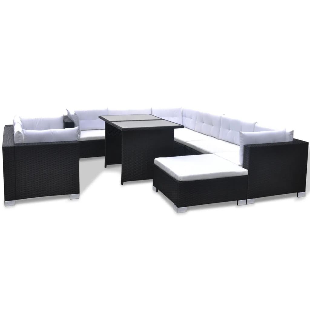 vidaXL 10-cz. zestaw mebli do ogrodu, poduszki, rattan PE, czarny