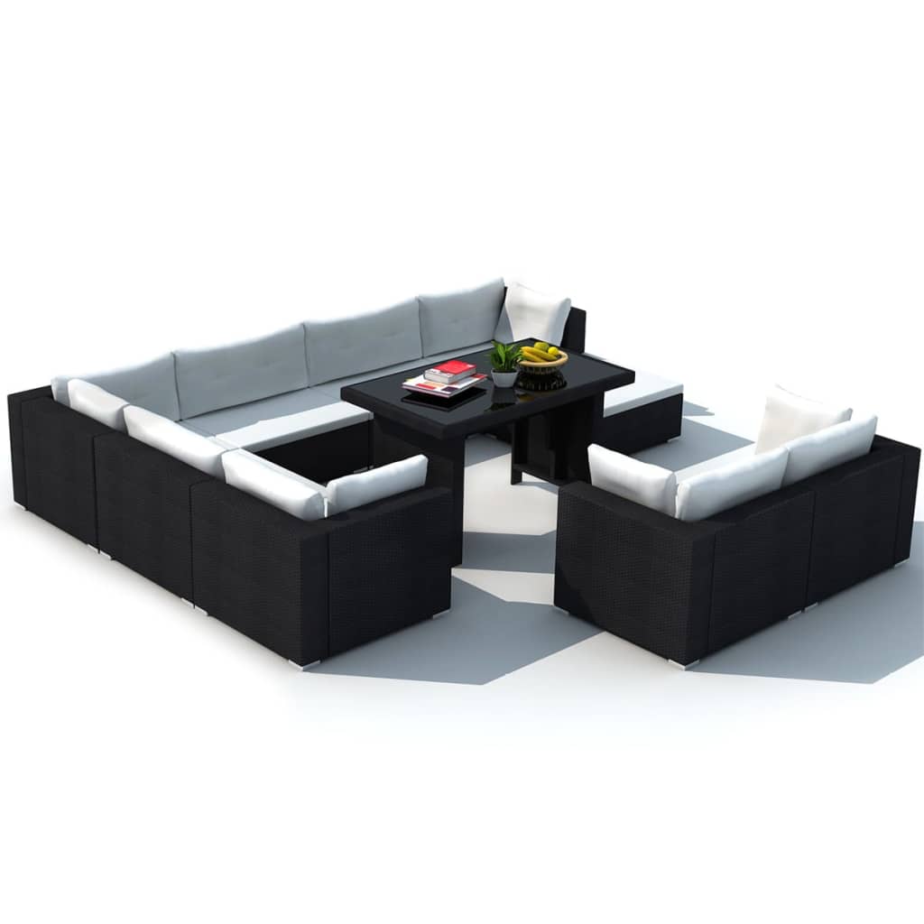 vidaXL 10-cz. zestaw mebli do ogrodu, poduszki, rattan PE, czarny