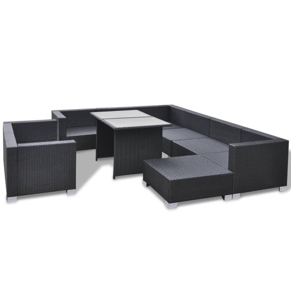 vidaXL 10-cz. zestaw mebli do ogrodu, poduszki, rattan PE, czarny