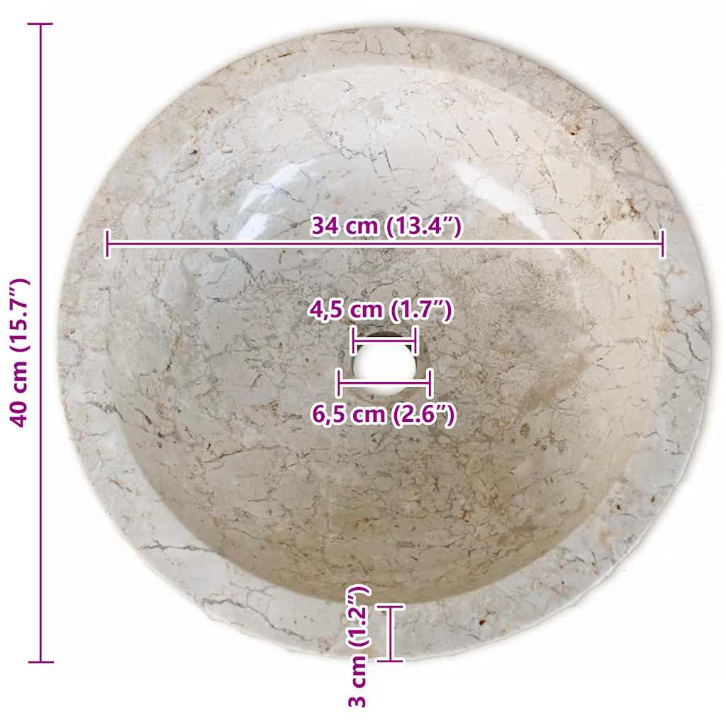 vidaXL Umywalka marmurowa, 40 cm, kremowa