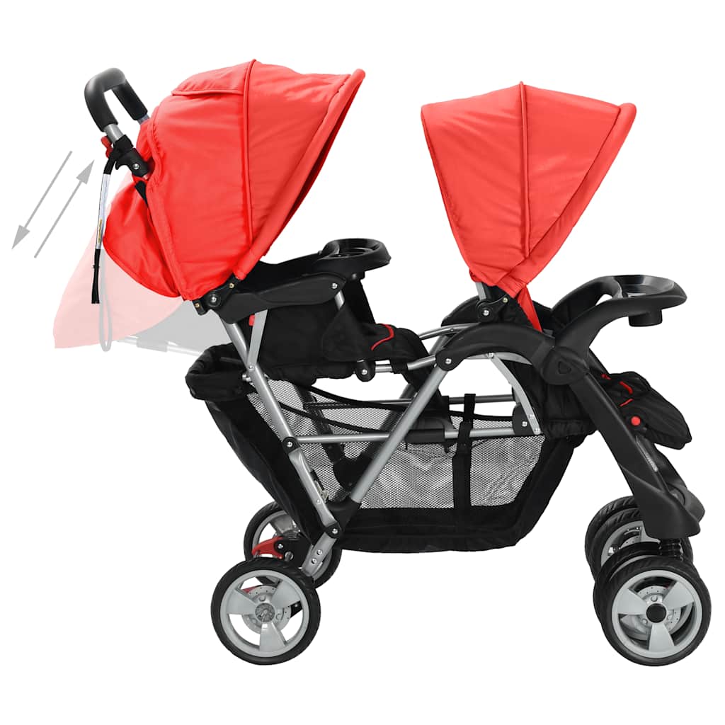 vidaXL Wózek spacerowy dla bliźniąt, tandem czerwono-czarny