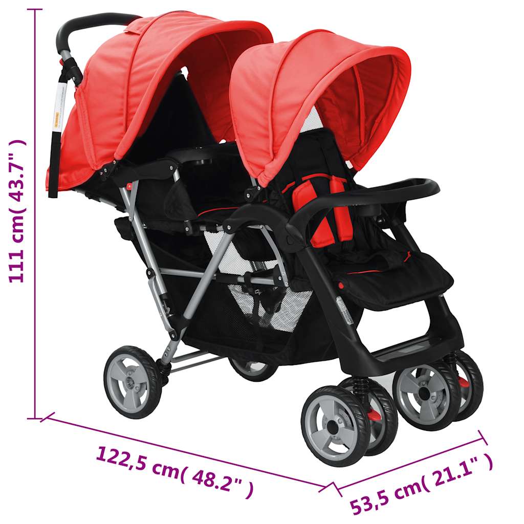 vidaXL Wózek spacerowy dla bliźniąt, tandem czerwono-czarny