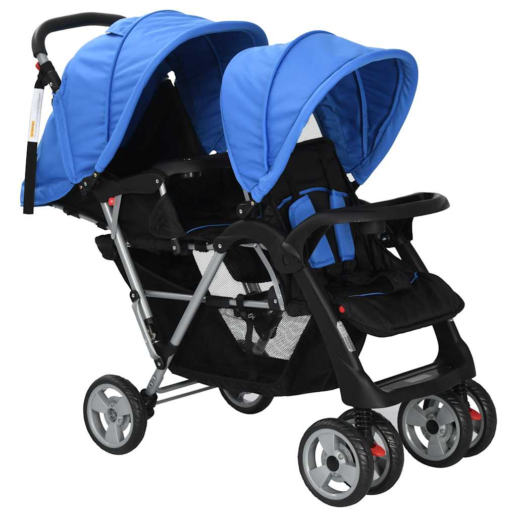 vidaXL Wózek spacerowy dla bliźniąt, tandem niebiesko-czarny