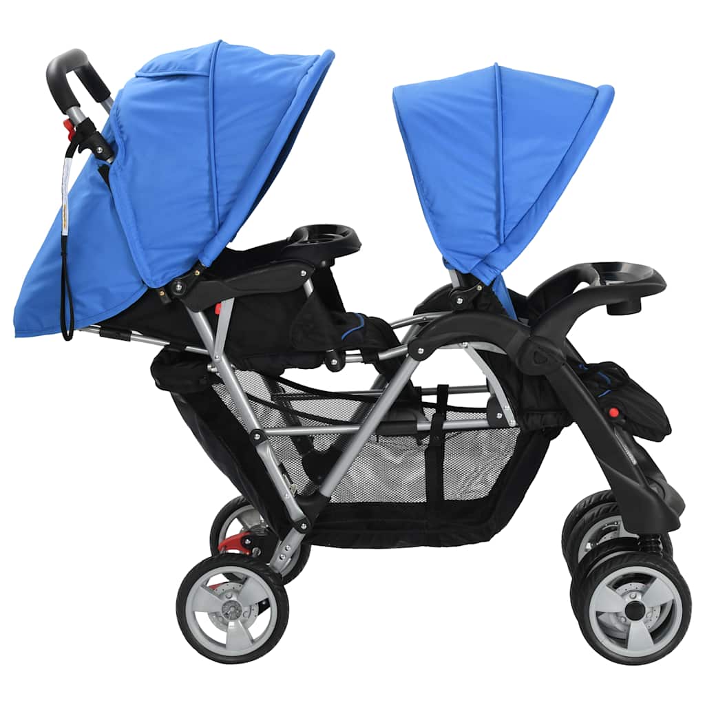 vidaXL Wózek spacerowy dla bliźniąt, tandem niebiesko-czarny