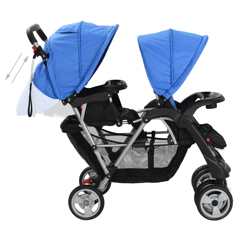 vidaXL Wózek spacerowy dla bliźniąt, tandem niebiesko-czarny