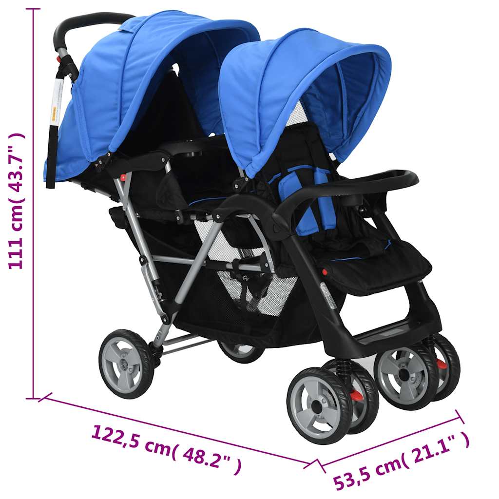 vidaXL Wózek spacerowy dla bliźniąt, tandem niebiesko-czarny