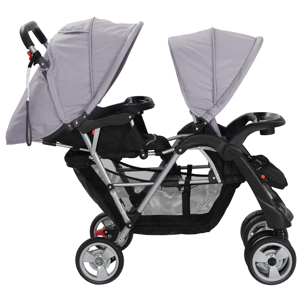 vidaXL Wózek spacerowy dla bliźniąt, tandem szaro-czarny