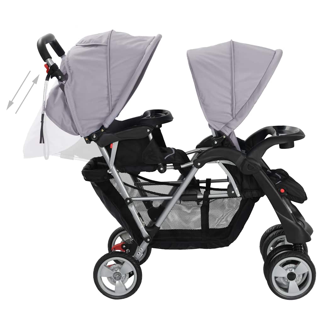 vidaXL Wózek spacerowy dla bliźniąt, tandem szaro-czarny