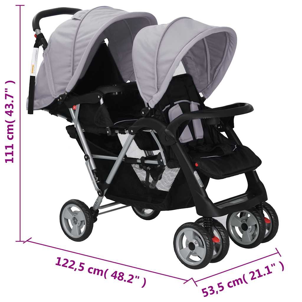 vidaXL Wózek spacerowy dla bliźniąt, tandem szaro-czarny