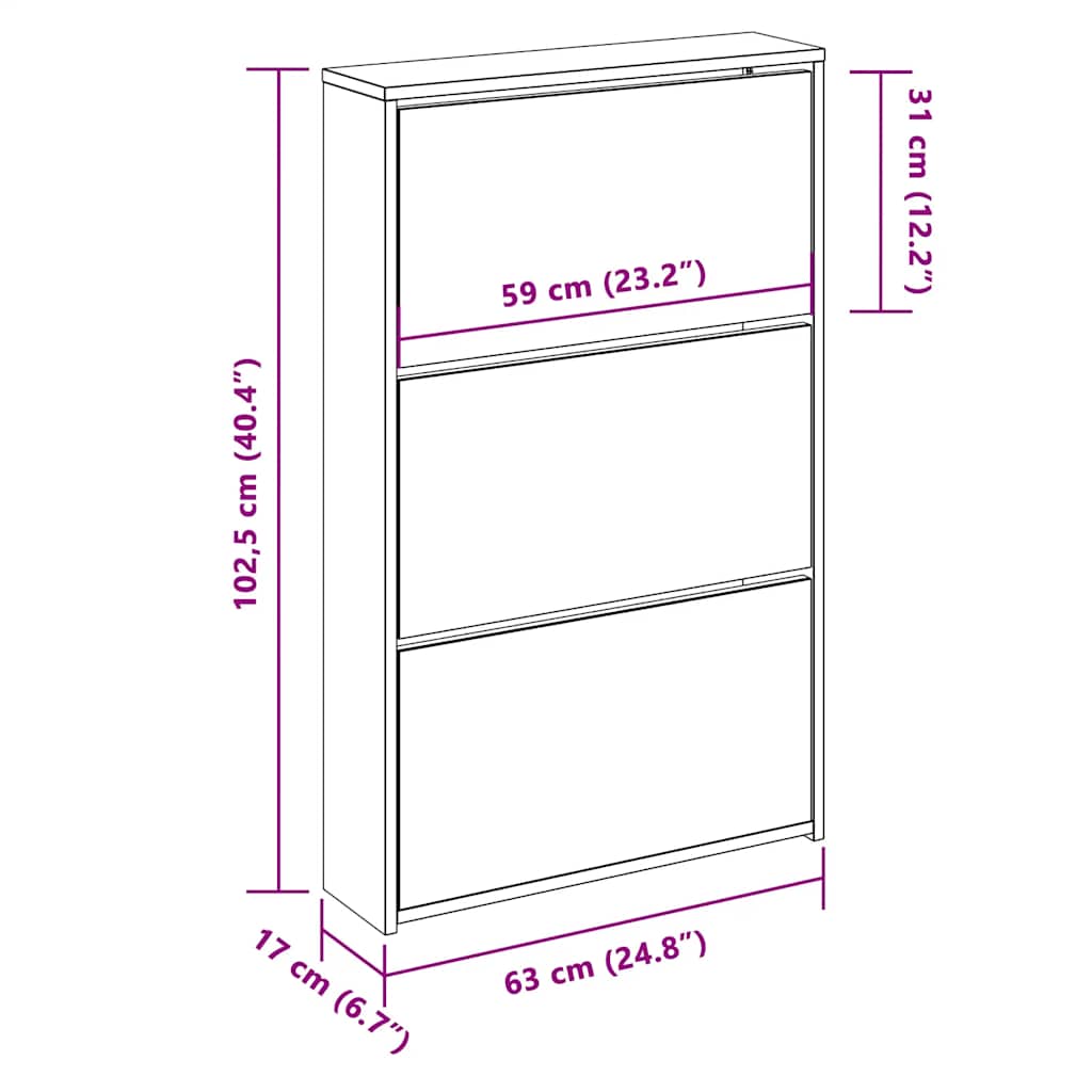 vidaXL Szafka na buty z 3 półkami i lustrem, kolor dębu 63x17x102,5 cm