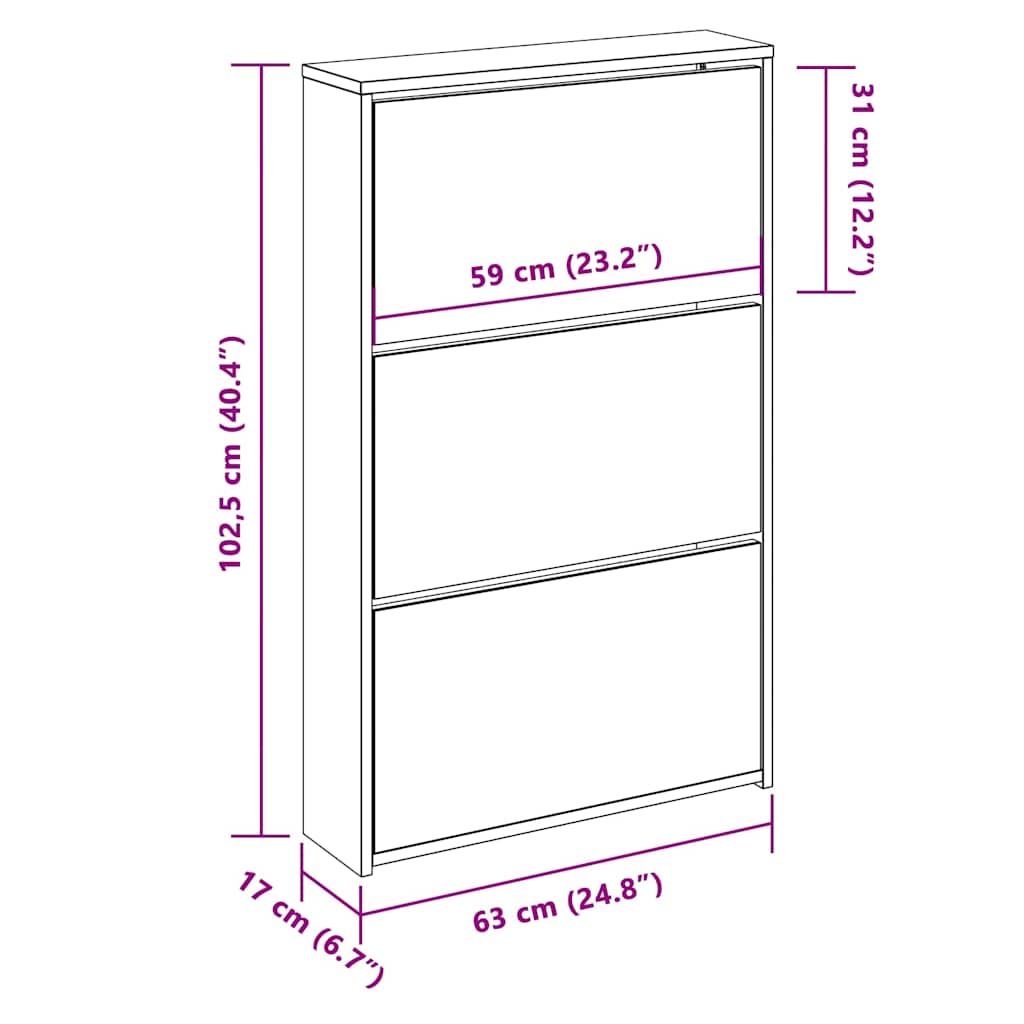 vidaXL Szafka na buty z 3 półkami i lustrem, kolor dębu 63x17x102,5 cm