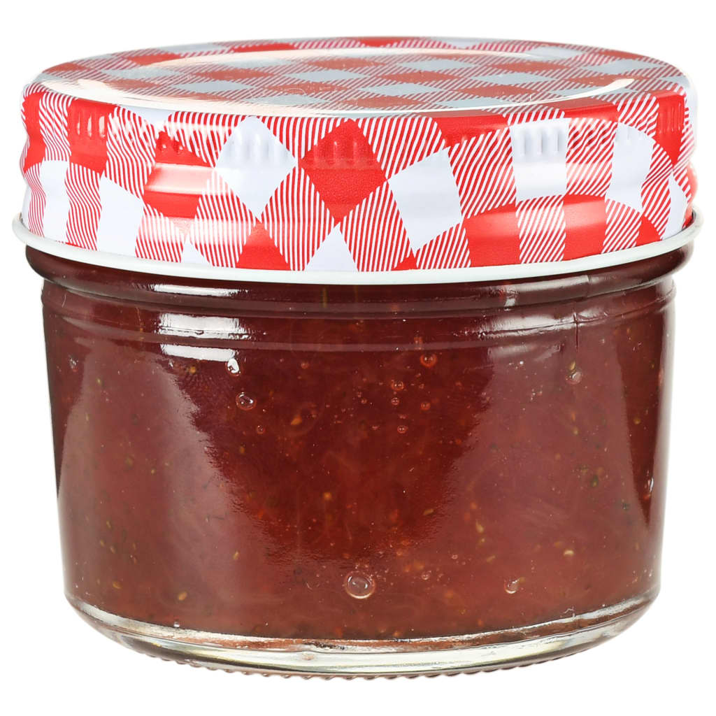 vidaXL Szklane słoiki na dżem, biało-czerwone pokrywki, 96 szt, 110 ml