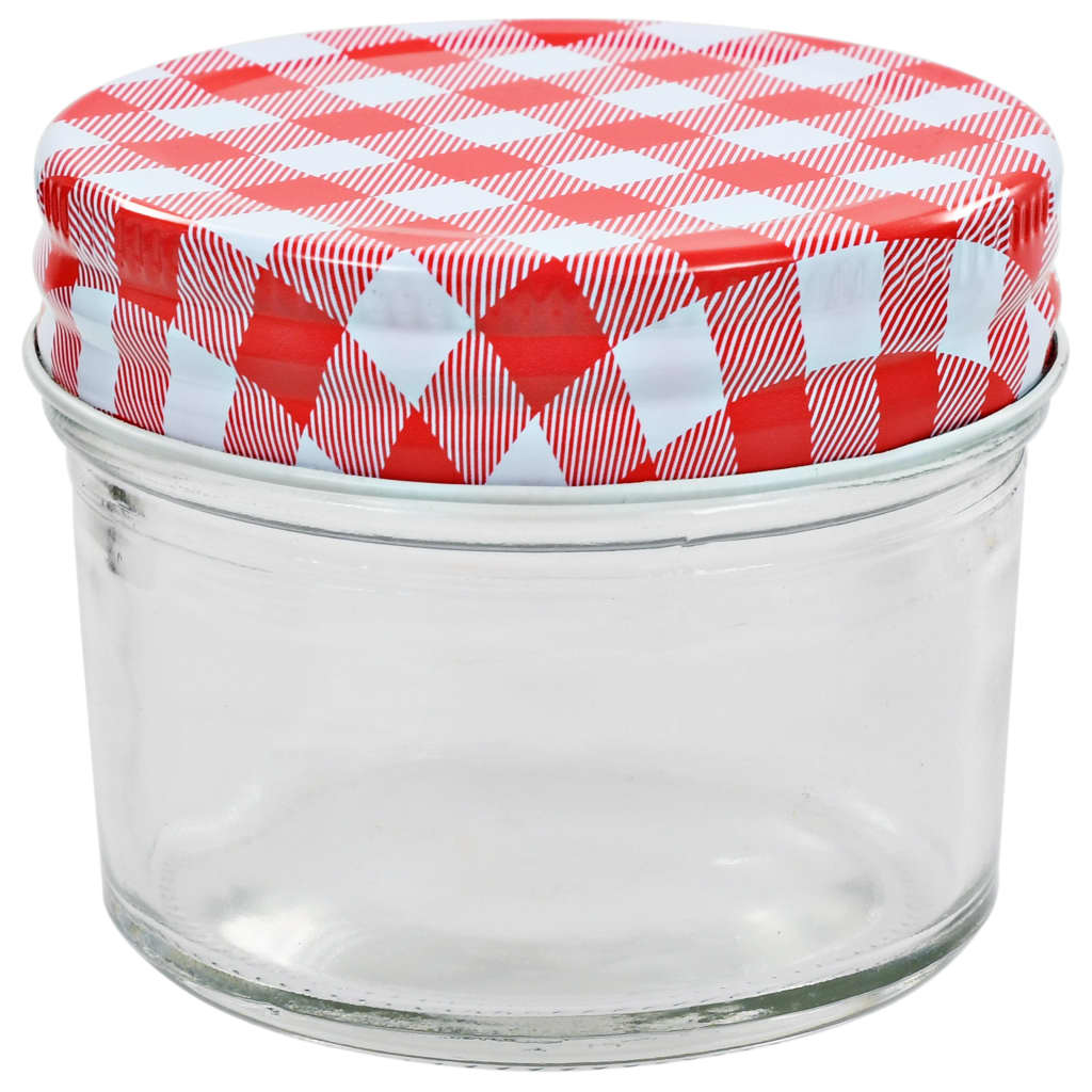 vidaXL Szklane słoiki na dżem, biało-czerwone pokrywki, 96 szt, 110 ml