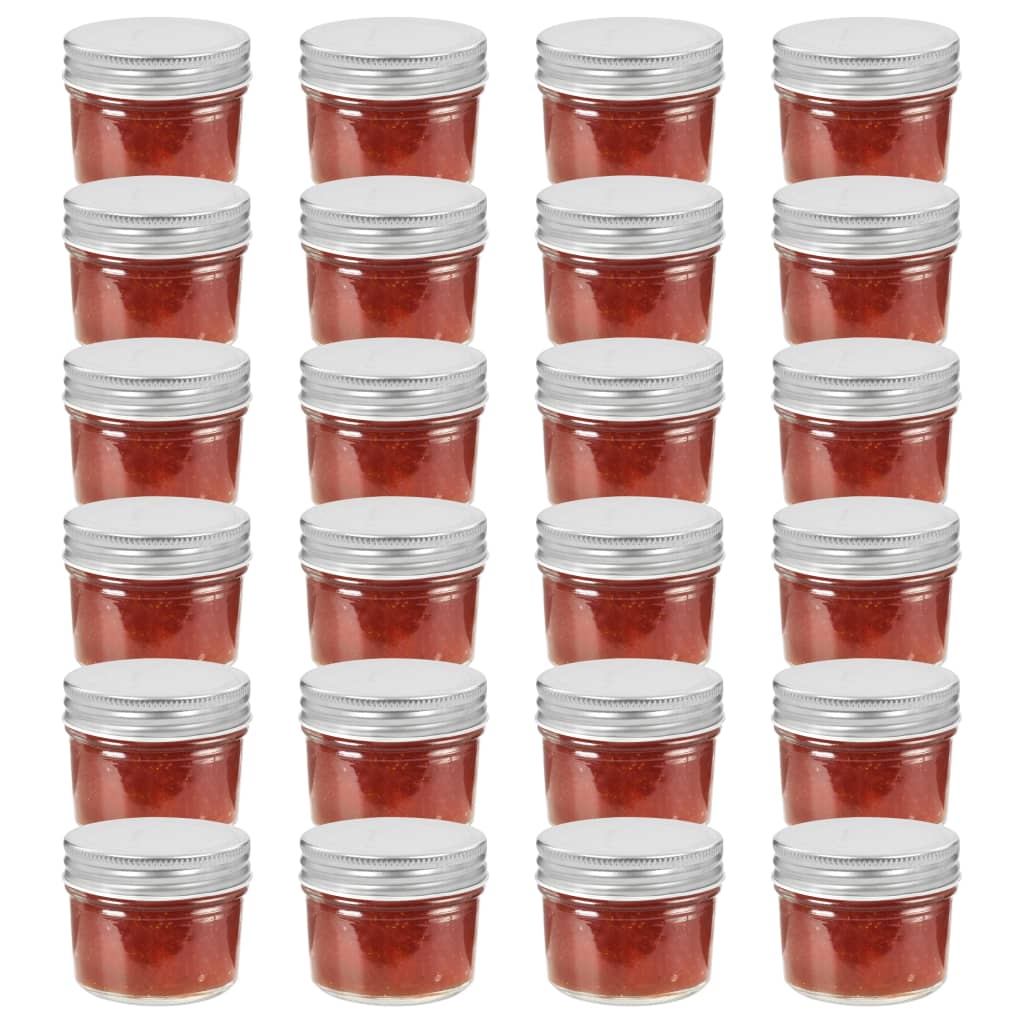 vidaXL Szklane słoiki na dżem, srebrne pokrywki, 24 szt., 110 ml