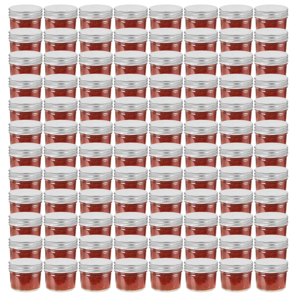 vidaXL Szklane słoiki na dżem, srebrne pokrywki, 96 szt., 110 ml