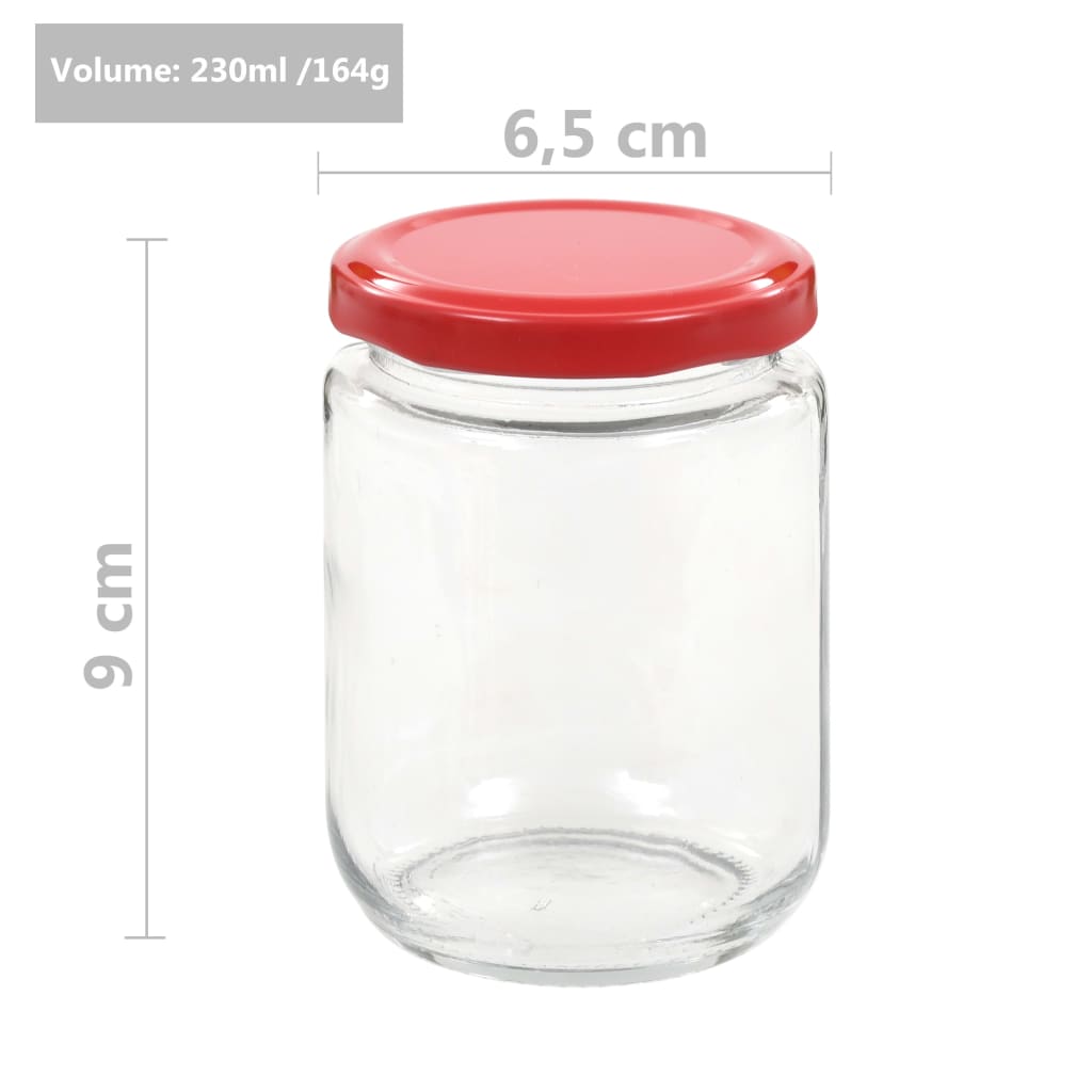 vidaXL Szklane słoiki na dżem, czerwone pokrywki, 96 szt., 230 ml