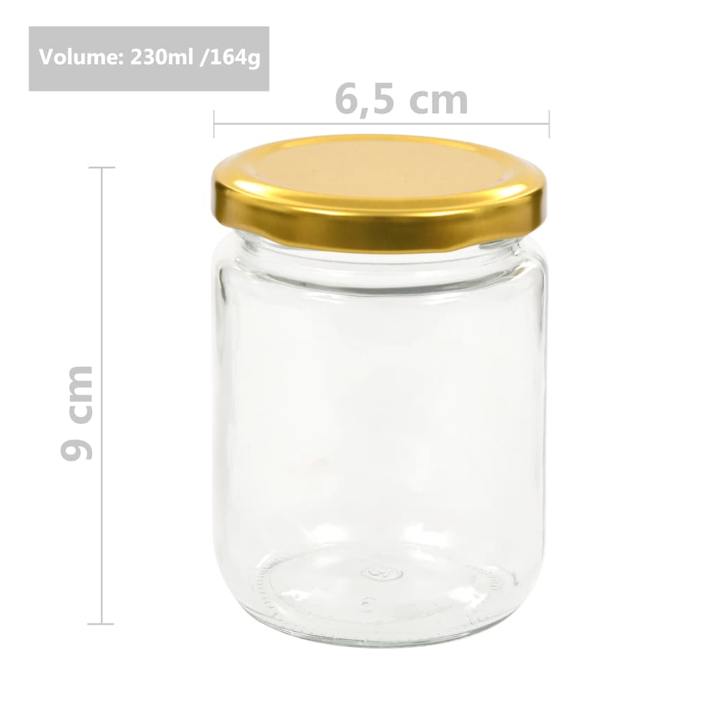vidaXL Szklane słoiki na dżem, złote pokrywki, 48 szt., 230 ml