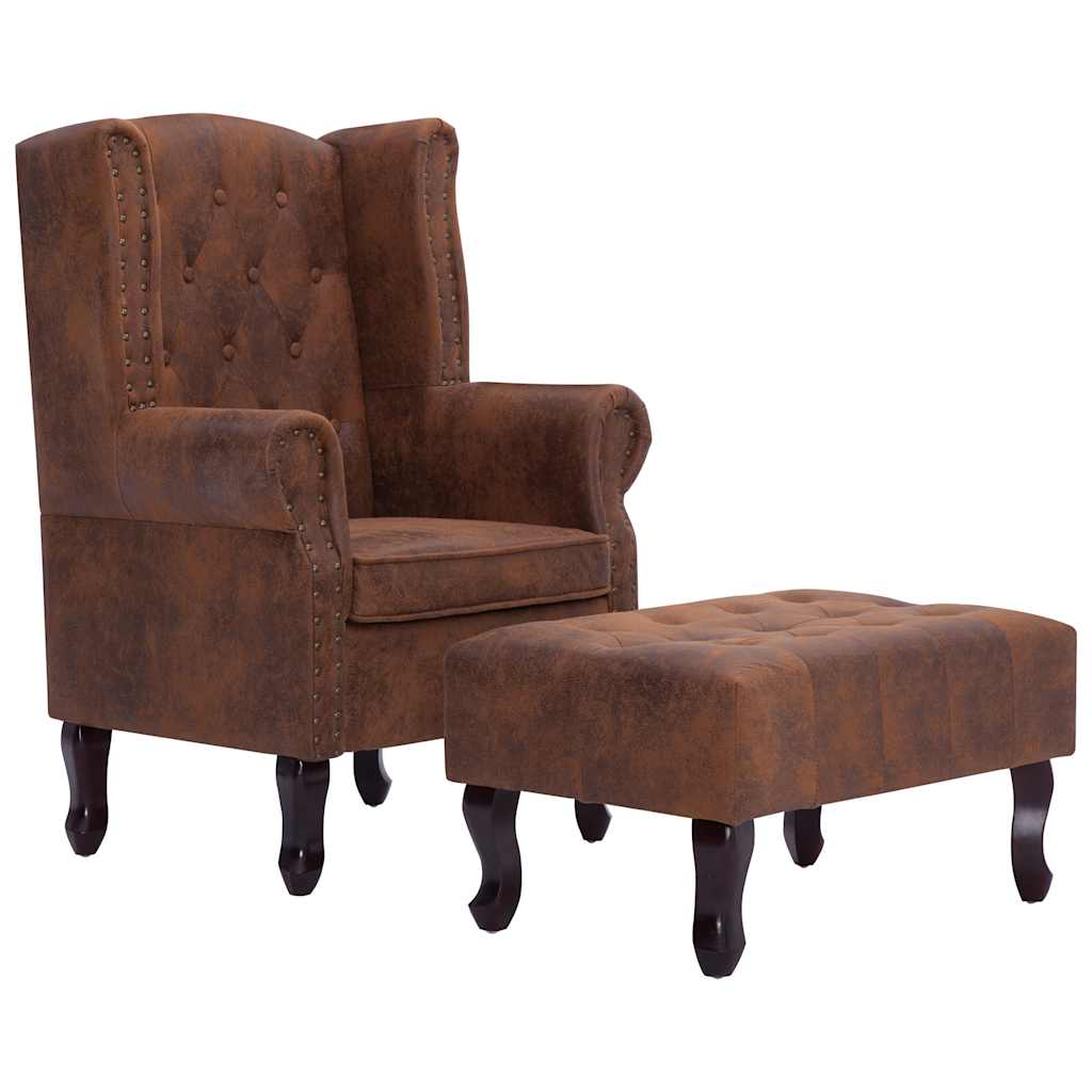vidaXL Fotel Chesterfield z podnóżkiem, brązowy, sztuczny zamsz
